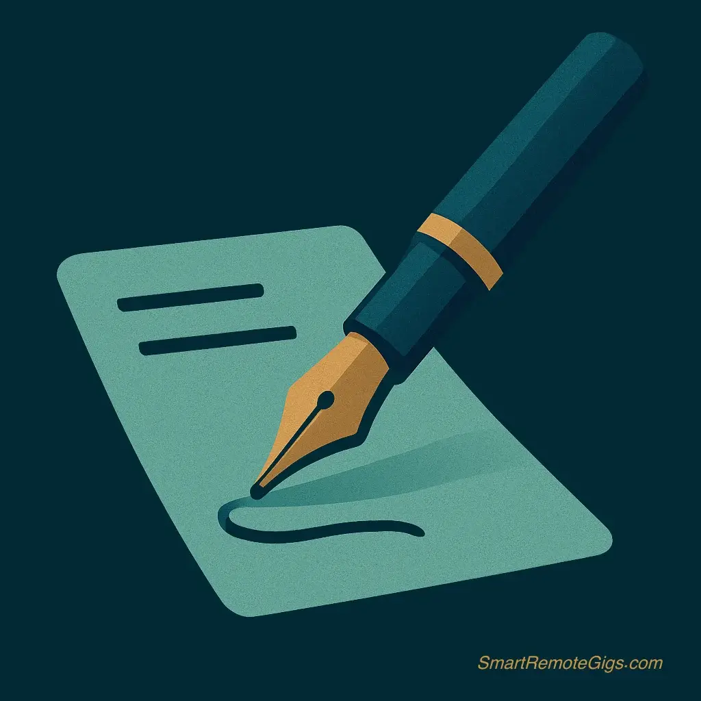 icon of an elegant fountain pen writing on a sheet of paper with a checkmark, for a content writer.