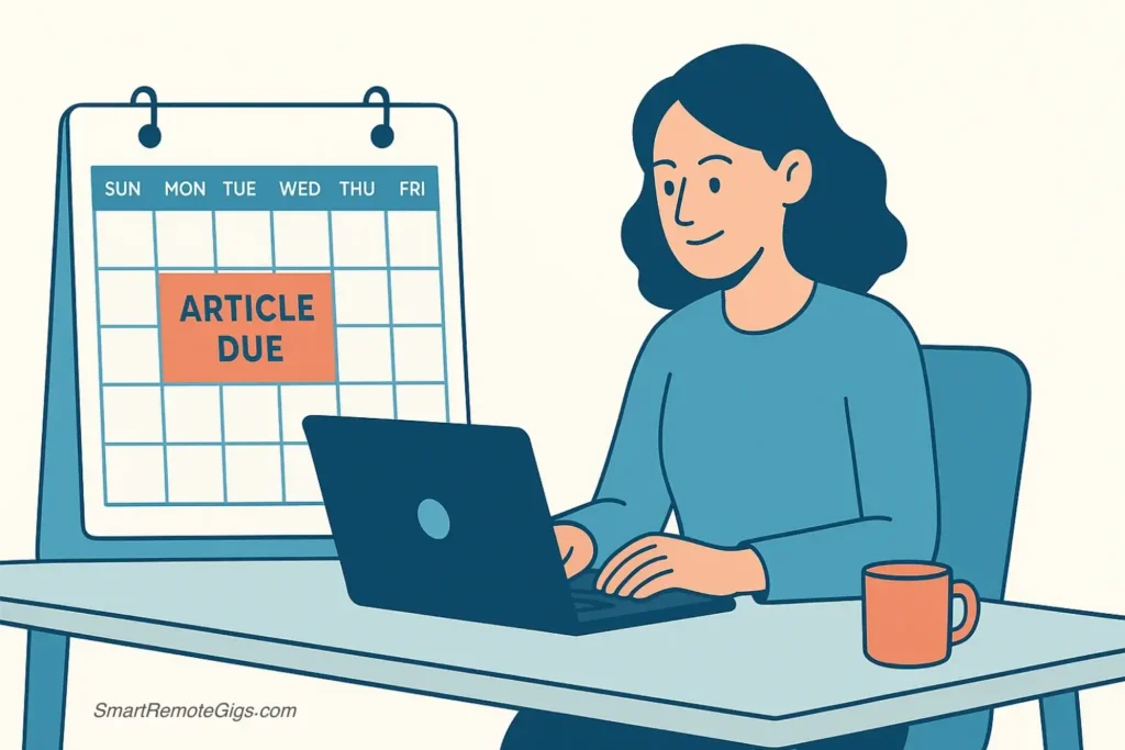 A content writer finishing an article on a Sunday, with a calendar showing a Monday morning deadline.