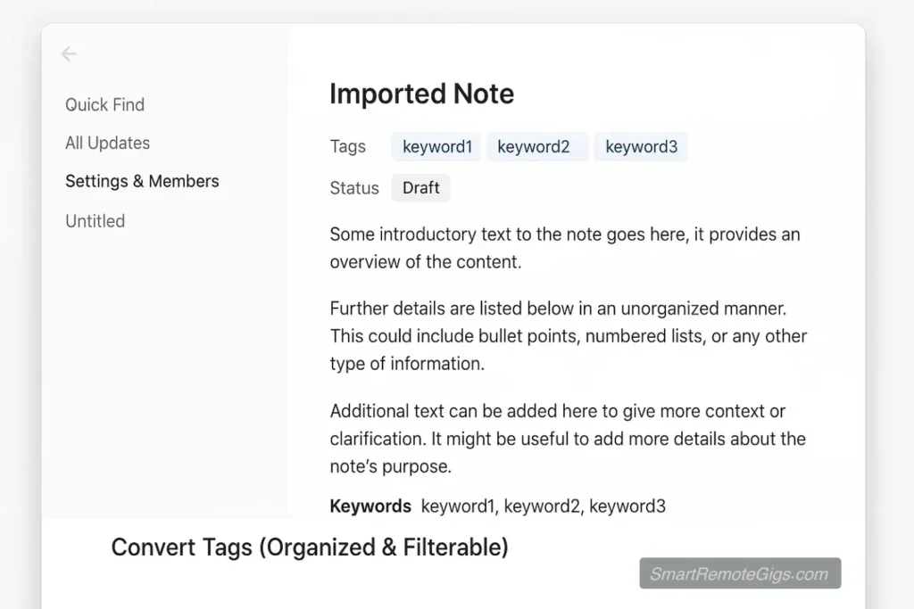 In your new database, create a "Multi-select" property called "Tags." Manually copy the imported plain-text tags from the bottom of each note into this new property.
