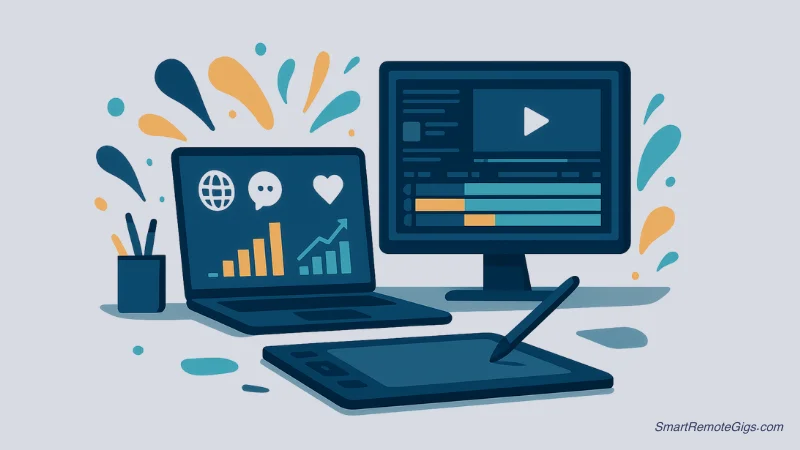 An illustration of a creative professional's desk showing a design tablet, a laptop with social media icons, and a video editing timeline, representing creative remote jobs.