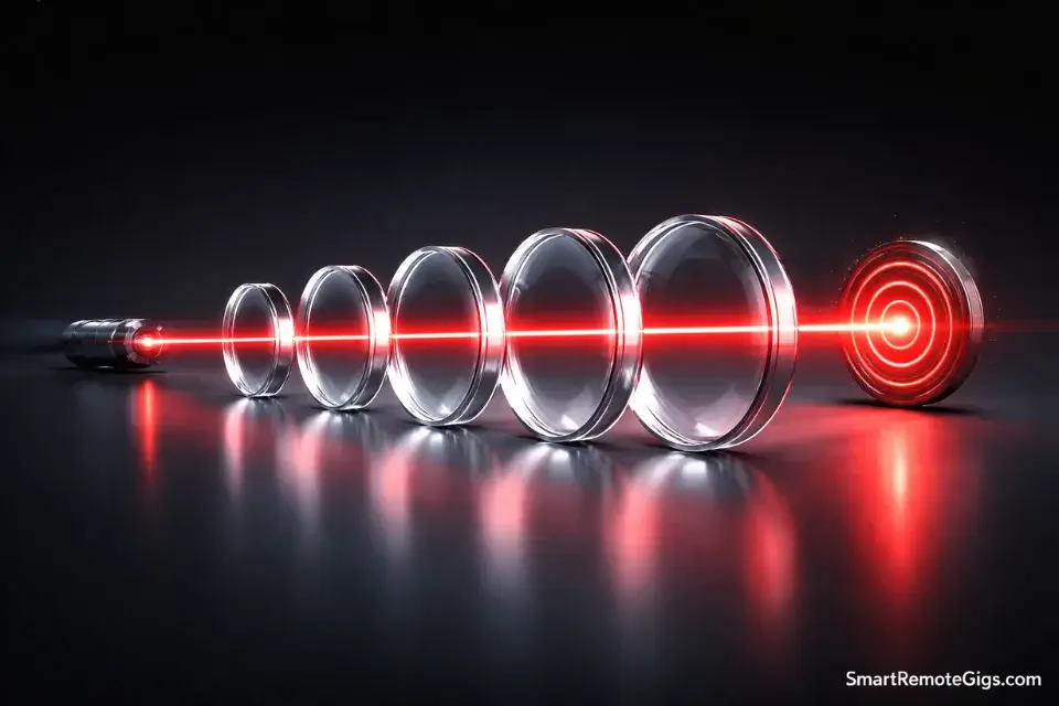 A laser beam passing perfectly through six glass lenses, representing the alignment of daily tasks with life goals.