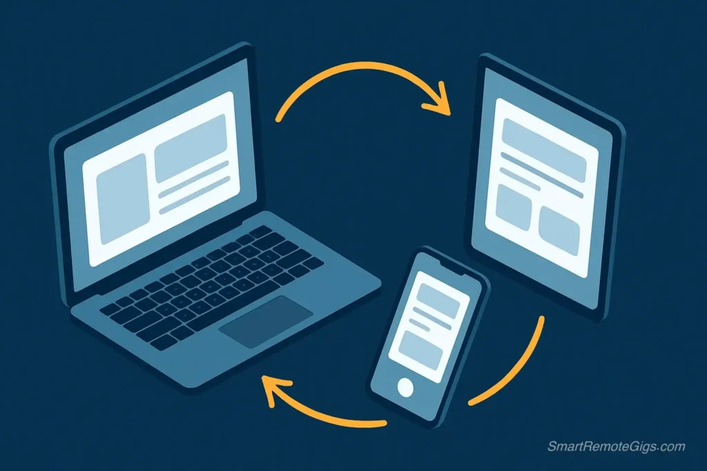 An illustration showing a GTD app interface synchronized across multiple devices: a laptop, a smartphone, and a tablet.