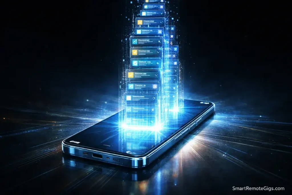 A smartphone projecting an infinite stream of organized holographic tasks, representing the scalability of digital systems.