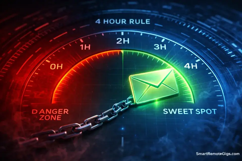 A digital clock highlighting the optimal 4-hour window for sending post-interview follow-up emails.