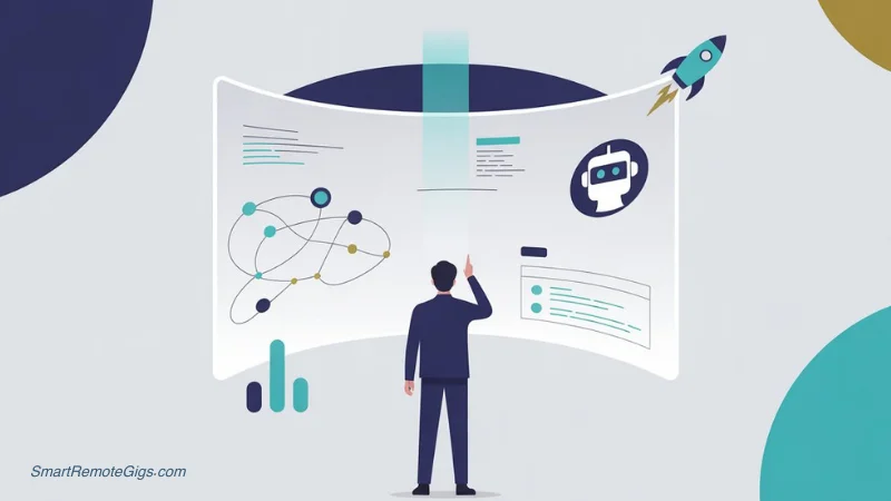 An illustration representing the future of work, with a person interacting with a holographic AI interface showing data nodes and a rocket icon, symbolizing emerging remote jobs.