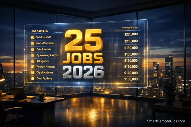 A futuristic home office with a holographic display listing the top entry-level remote jobs for 2026.