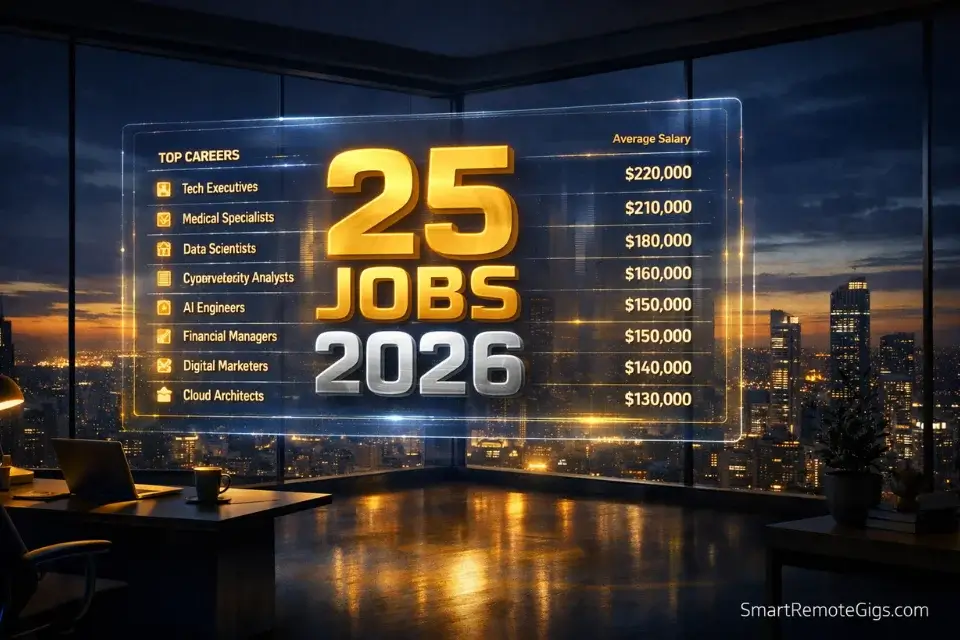 A futuristic home office with a holographic display listing the top entry-level remote jobs for 2026.