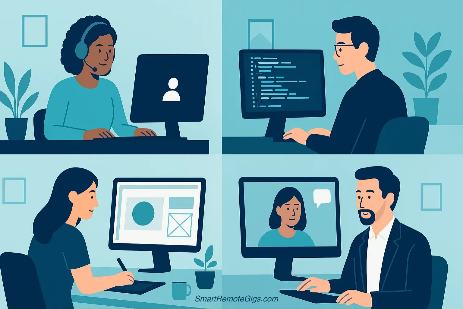 An illustration showing a diverse group of four professionals working in different entry-level remote jobs from their home offices.