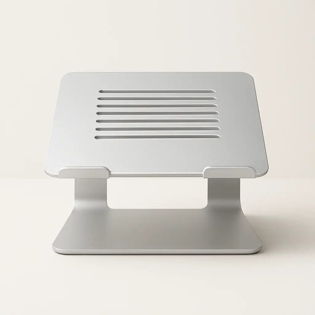 A modern, ergonomic laptop stand, an essential for improving posture and comfort during remote work.