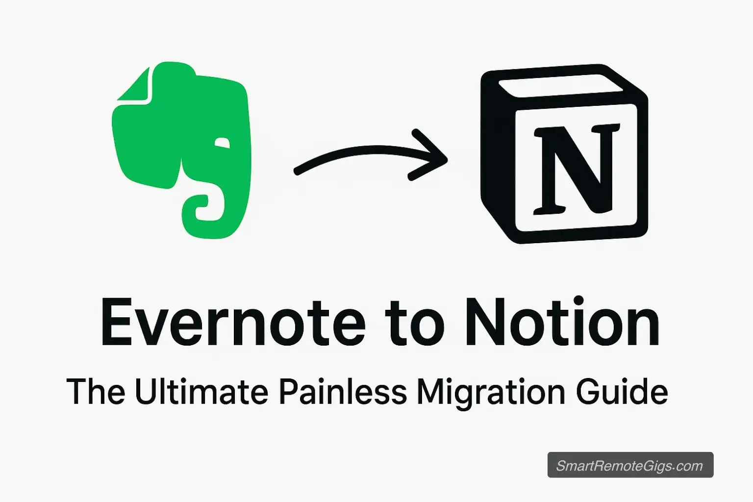A guide to migrating from Evernote to Notion, showing the Evernote logo connected by a smooth path to the Notion logo.