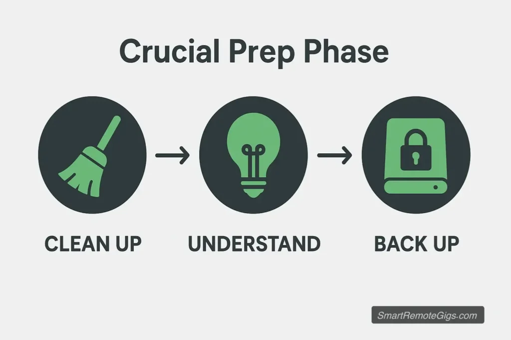 An infographic showing the three crucial preparation steps for migrating from Evernote to Notion: Clean Up, Understand, and Back Up.