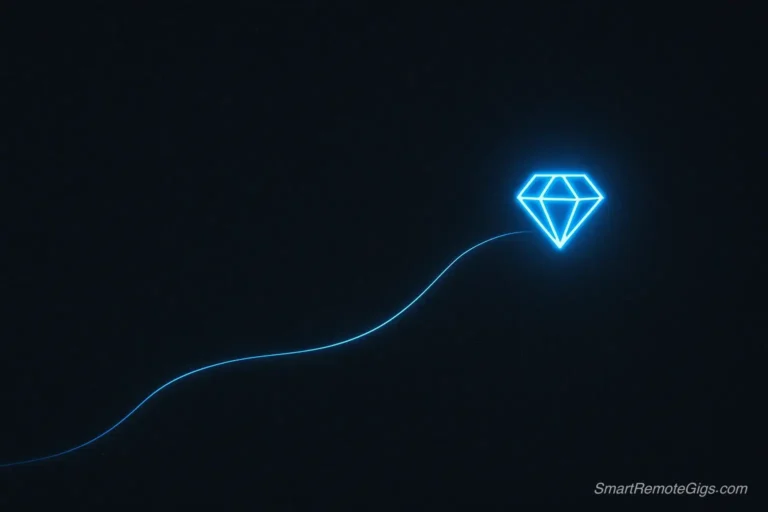 An abstract data visualization showing a single blue line finding a hidden gem among noise, symbolizing how to find hidden remote jobs using Google search.