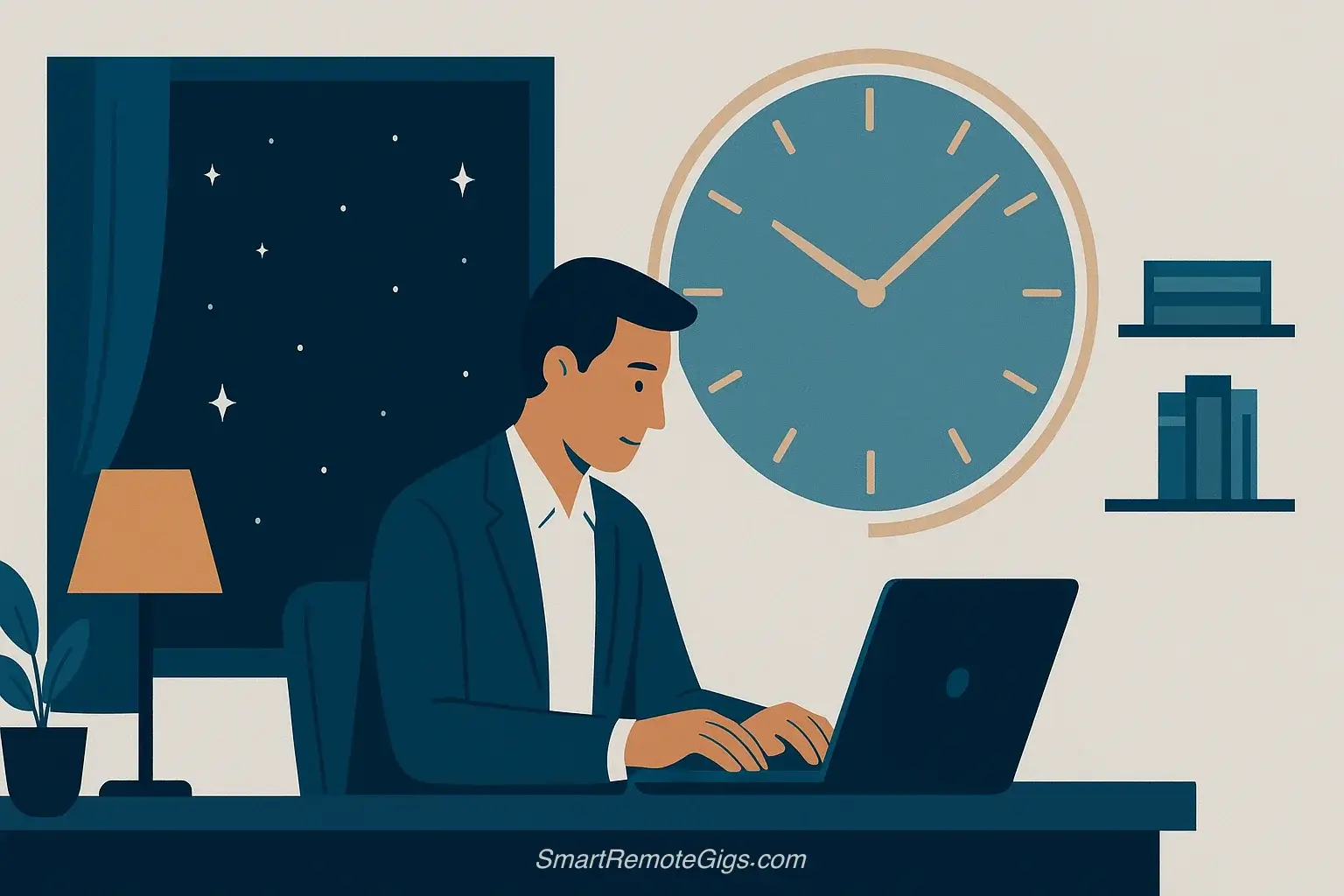 An illustration of a professional working on a laptop at night, with a large clock in the background showing flexible, non-traditional hours, symbolizing 'work anytime' remote jobs.