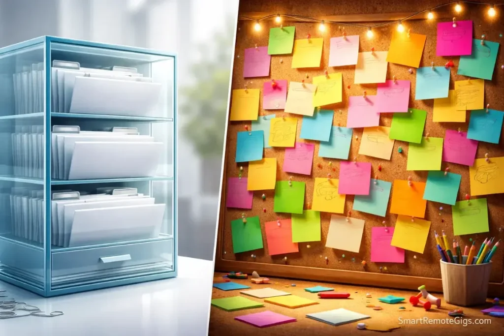 A glass filing cabinet compared to a digital corkboard covered in sticky notes.