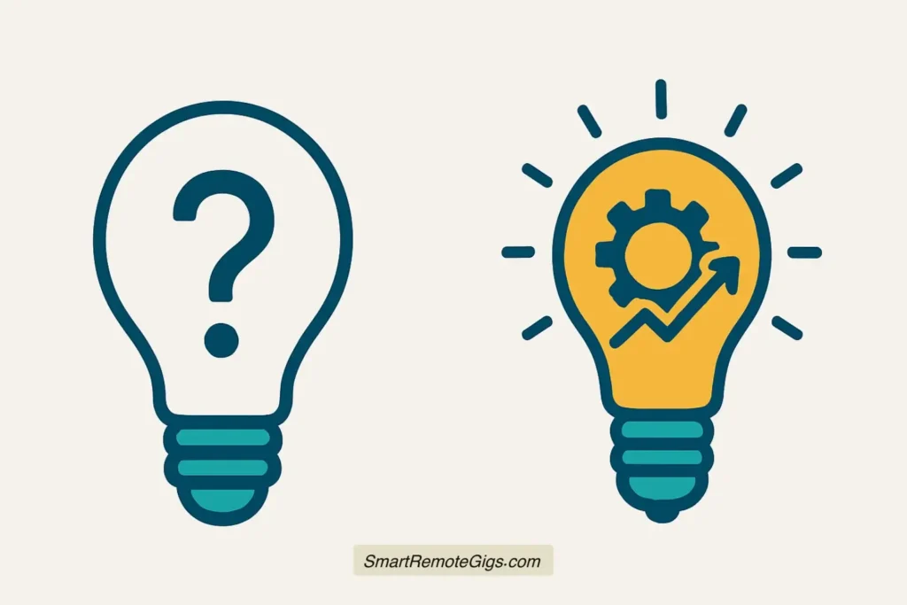 A minimalist vector illustration of a lightbulb, symbolizing a mindset shift from a question mark to a strategic gear and an upward arrow.