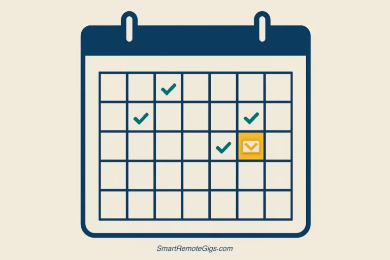 A vector illustration of a professional calendar with specific dates marked for sending a follow-up email, symbolizing a strategic freelance proposal follow-up guide.
