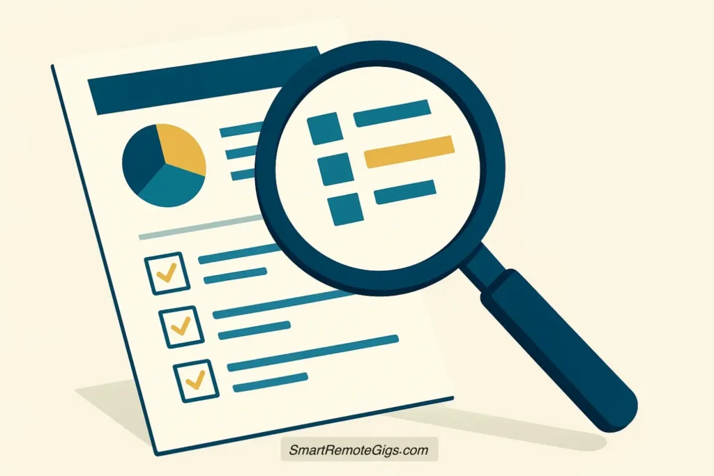 A vector illustration of a magnifying glass hovering over a document with checklist items and charts, symbolizing the research phase of writing a freelance proposal.