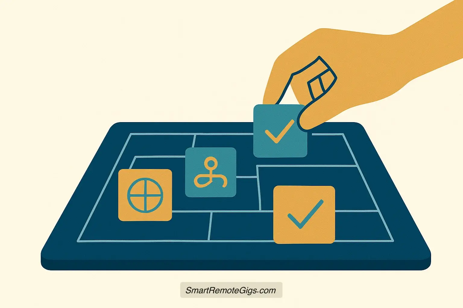 An illustration of a person placing clearly defined building blocks into a blueprint, symbolizing a well-defined scope of work.