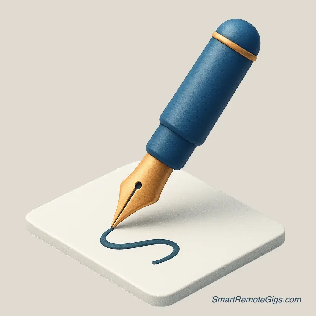 3D icon of an elegant fountain pen and a document, representing a freelance content writer.