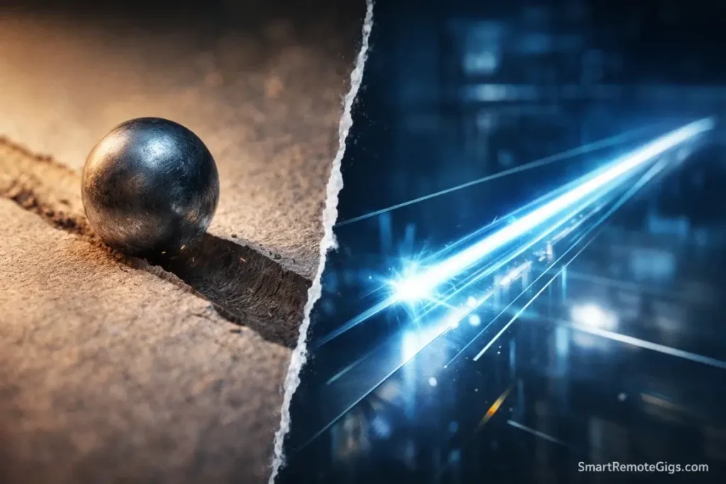  steel ball carving paper contrasted with a light beam on glass, symbolizing the trade-off between friction (focus) and speed (digital).