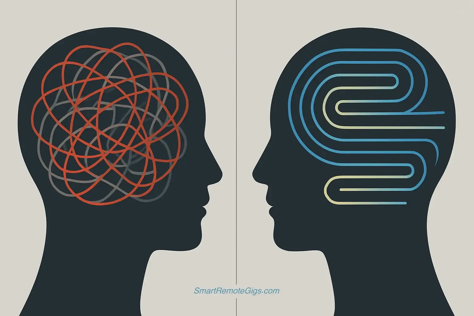 An illustration showing the GTD transformation from a chaotic, cluttered brain filled with tangled lines to a clear, organized mind with streamlined pathways. Getting Things Done
