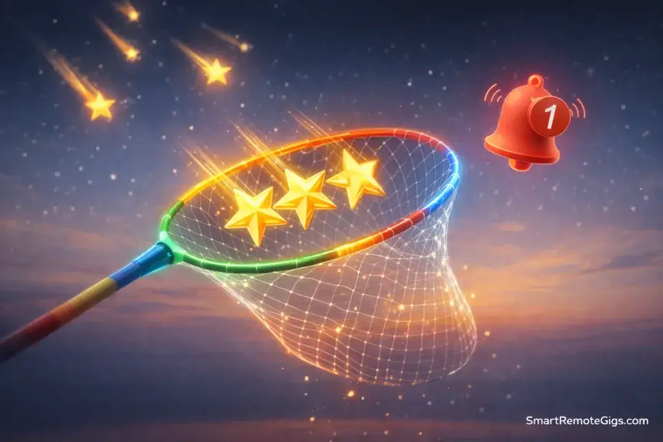 A visual metaphor of Google Alerts acting as a net to catch new remote job listings automatically.