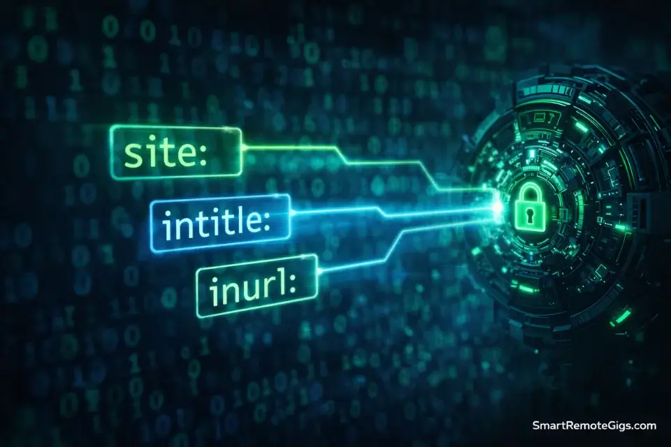 A visualization of Google search operators like 'site:' acting as keys to unlock job data.