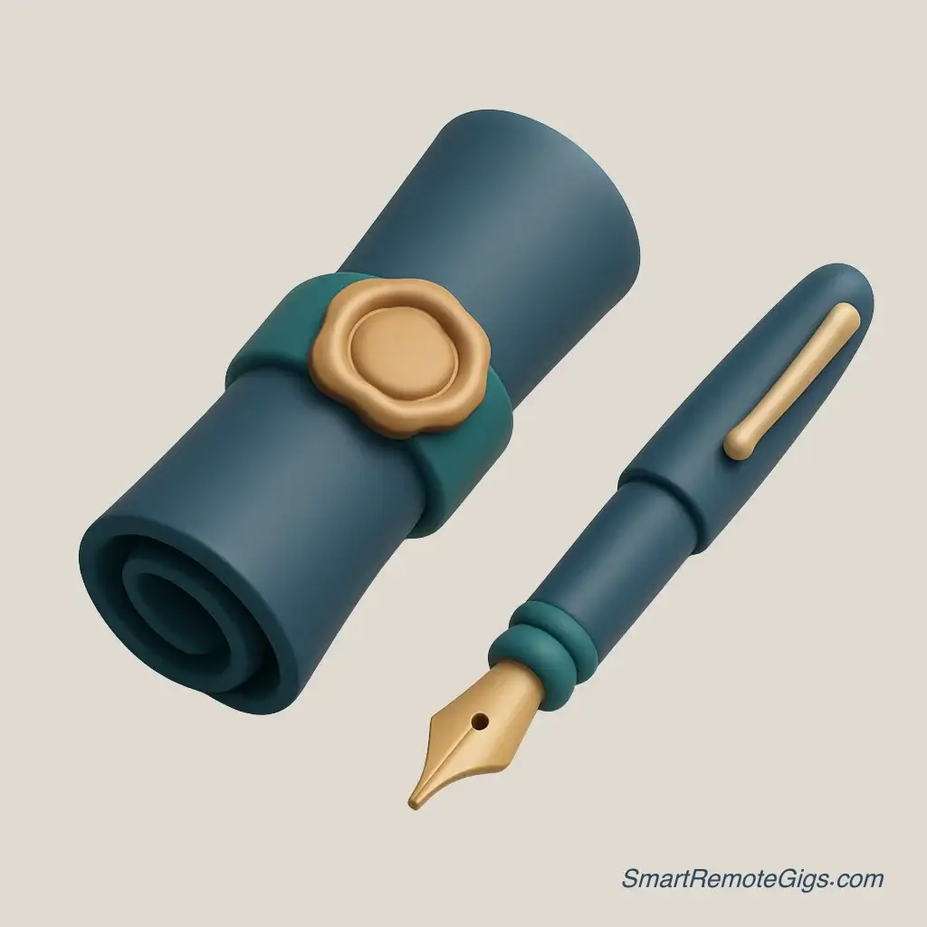 3D icon of an official-looking document with a seal and a fountain pen.