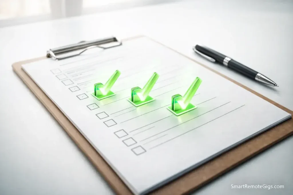 A clean checklist on a clipboard with glowing green checkmarks, representing the downloadable PDF.