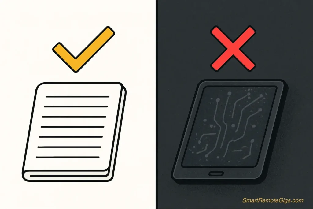 A symbolic illustration comparing a simple, consistently used notebook with a checkmark to a complex, dusty digital device with a warning sign.
