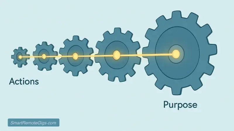 A symbolic illustration showing a series of gears of different sizes, from small to large, all perfectly interlocking and working together, representing the alignment of the GTD Horizons of Focus.