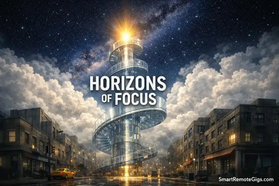 A spiraling glass structure rising from a city street into the stars, representing the 6 levels of GTD focus.