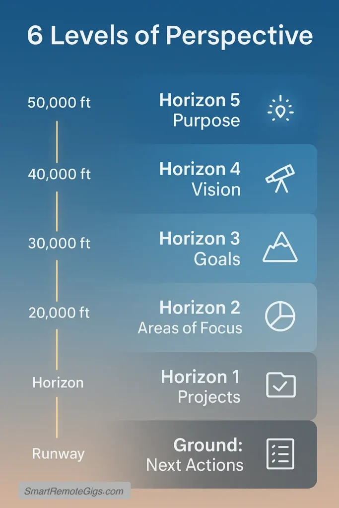An infographic explaining the 6 GTD Horizons of Focus, using an airplane altitude analogy. It shows levels from the runway (Next Actions) up to 50,000 feet (Purpose & Principles).