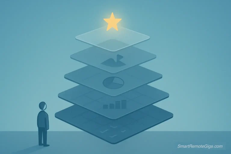 An illustration of a person looking up at a series of floating, transparent layers, each representing a different level of the GTD Horizons of Focus, from tasks to long-term goals.