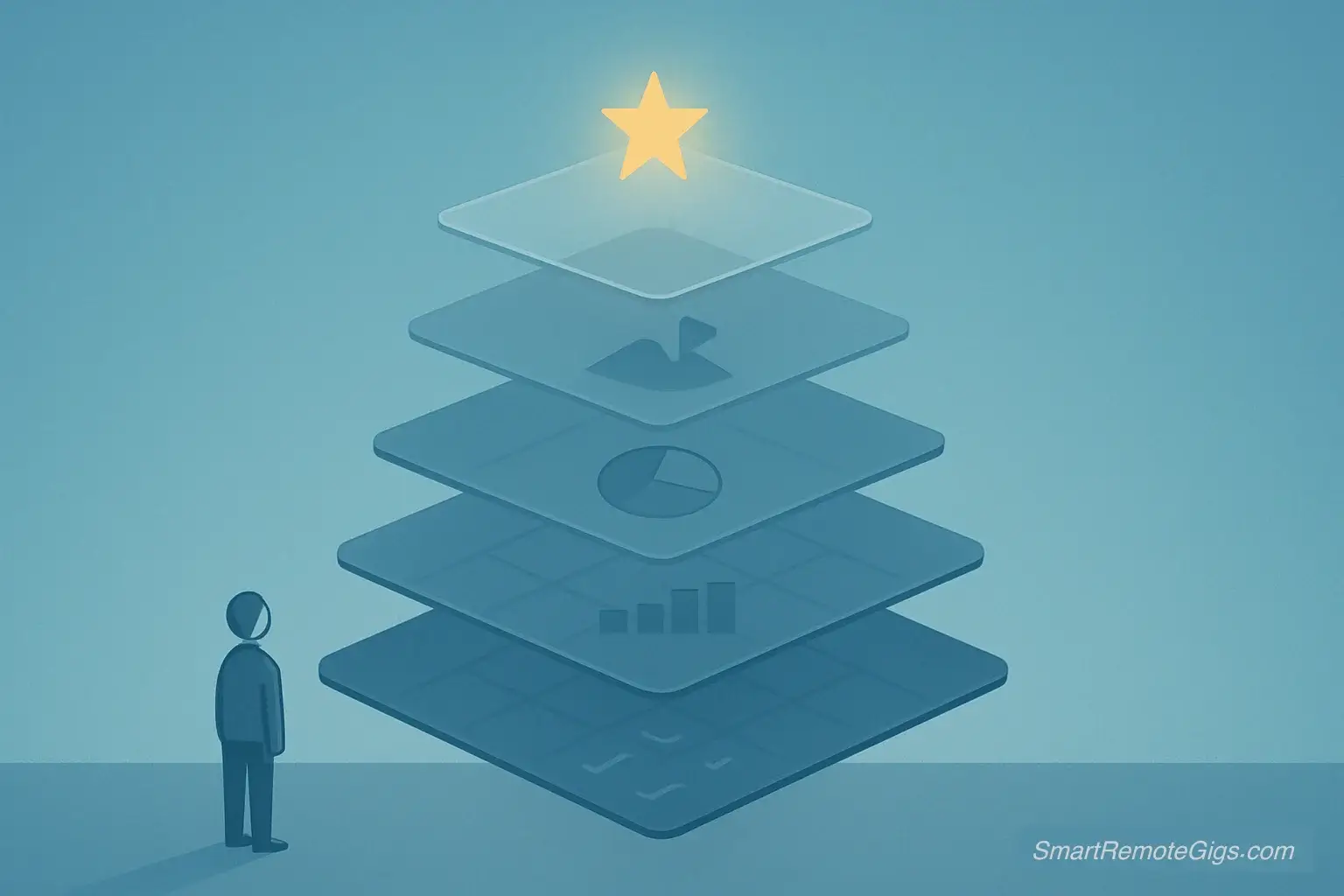 An illustration of a person looking up at a series of floating, transparent layers, each representing a different level of the GTD Horizons of Focus, from tasks to long-term goals.
