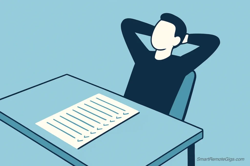 An illustration of a person taking a deep, calm breath, with a completed, long list of written items on a desk in front of them.