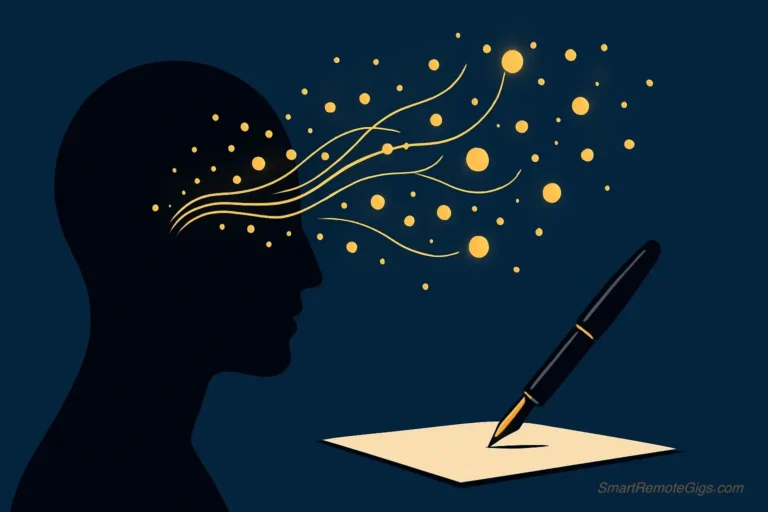An illustration showing a stylized human head with glowing thoughts flowing out and being written down onto a clean sheet of paper by a pen.