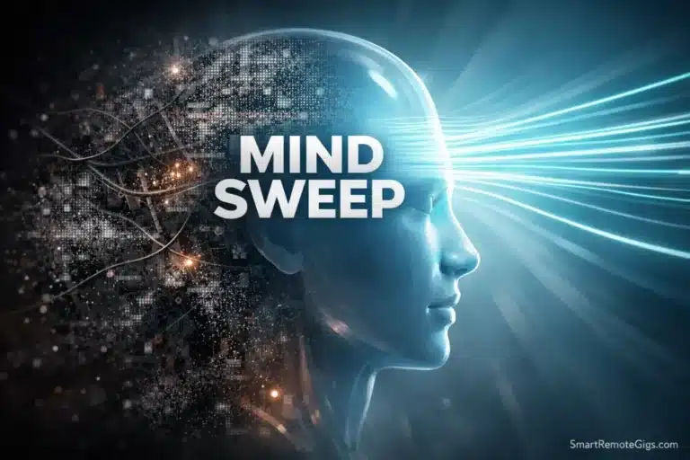 A 3D illustration of a human head transitioning from chaotic static to clear lines, symbolizing a mind sweep.