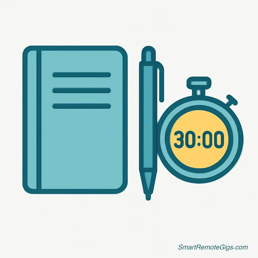 An icon representing the preparation for a GTD Mind Sweep, showing a notebook, a pen, and a stopwatch.