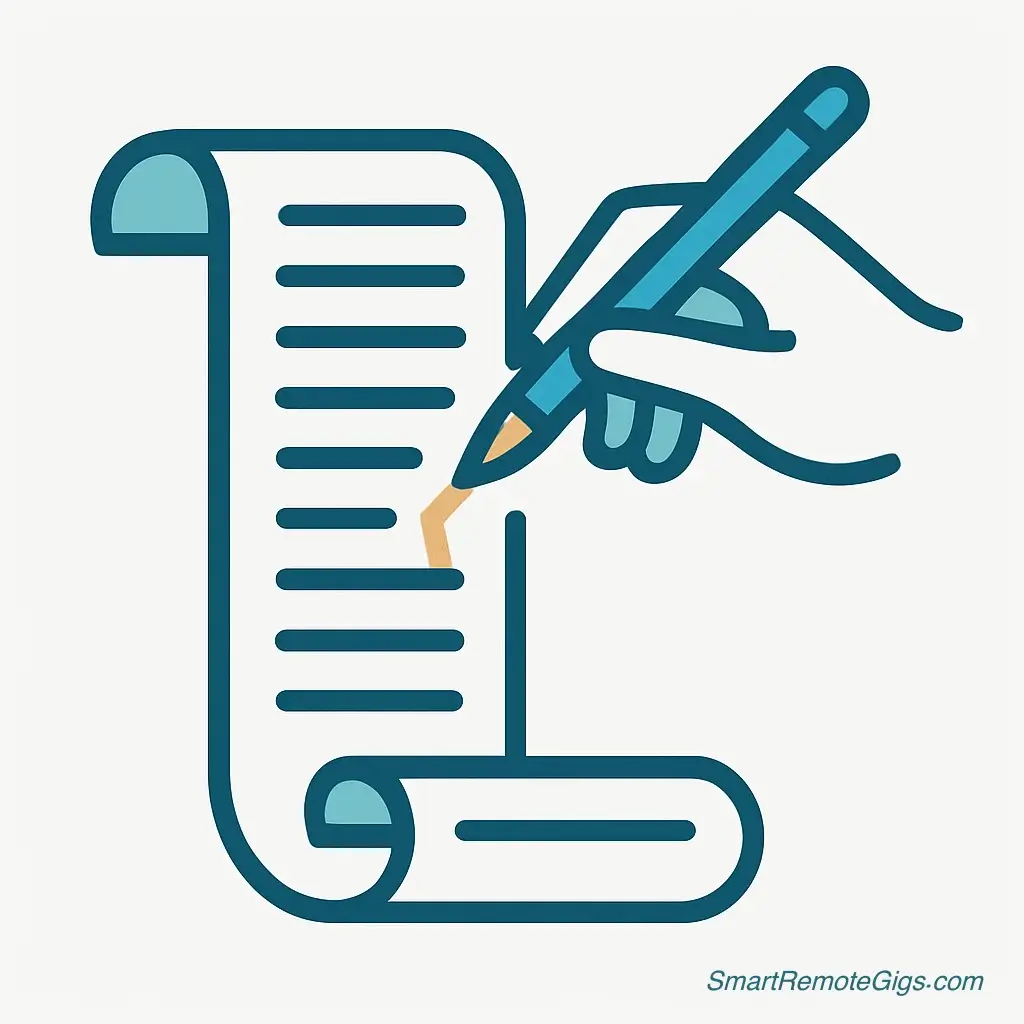 An icon for the writing phase of the GTD Mind Sweep, showing a hand writing rapidly on a long, continuous scroll of paper.