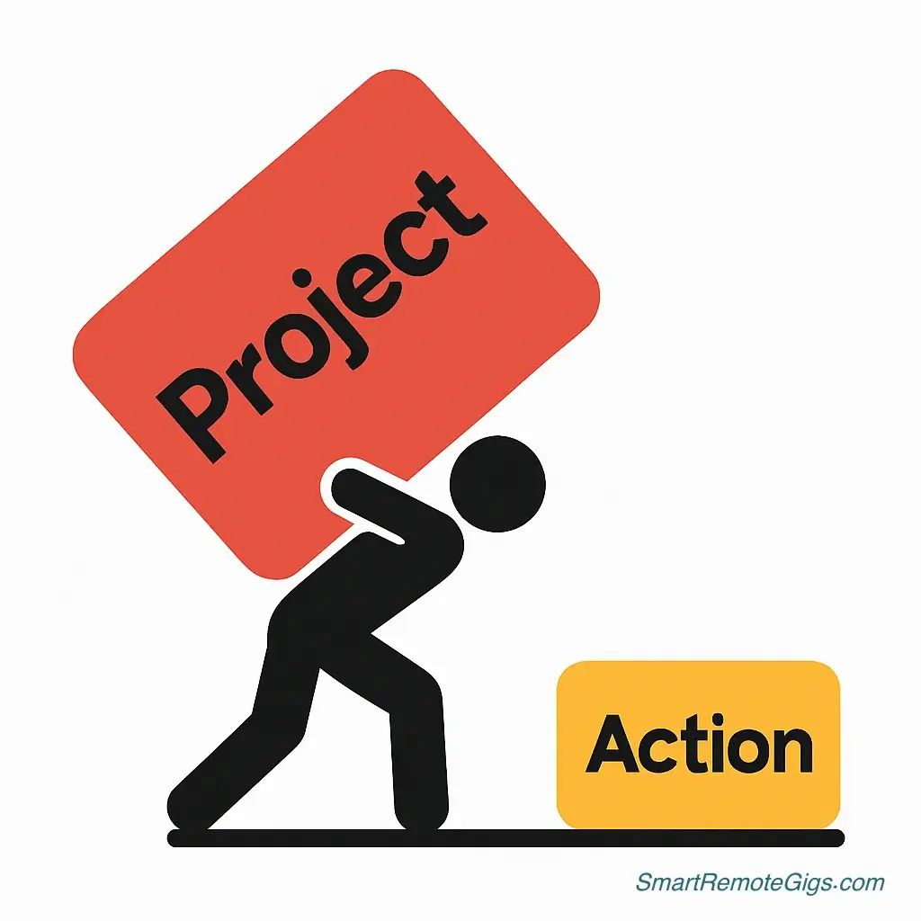 An icon showing the GTD mistake of confusing actions and projects, represented by a person trying to lift a giant, heavy box labeled 'Project'.