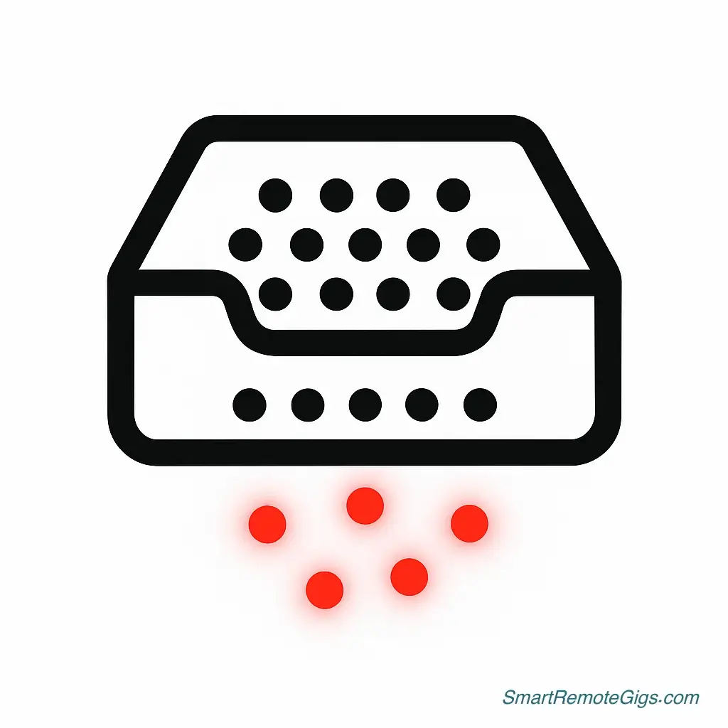 An icon representing an untrusted GTD capture system, showing thoughts leaking out of a sieve-like inbox.