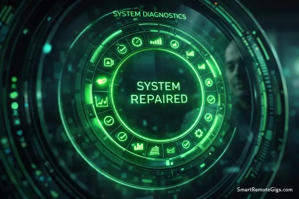 A digital dashboard showing all green indicators and "System Repaired" text, symbolizing a fixed GTD workflow.
