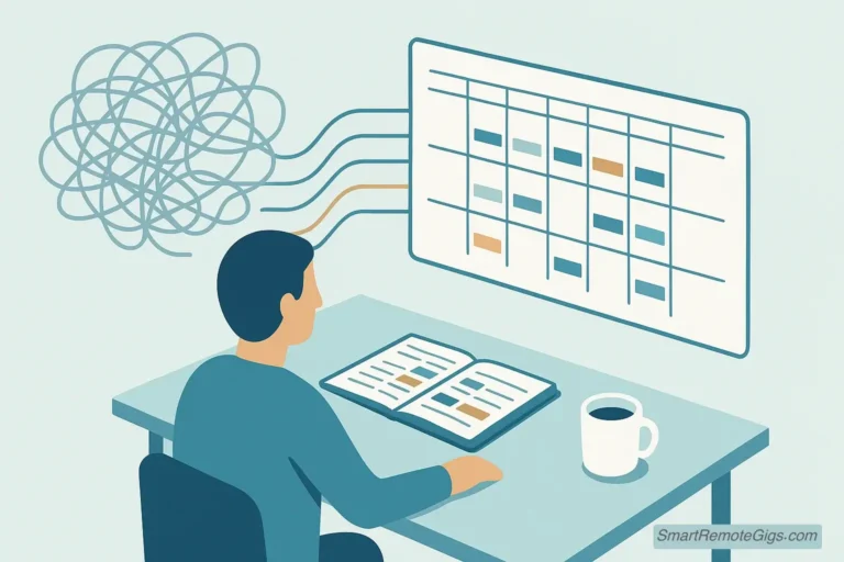 An illustration showing a person calmly looking at an organized weekly calendar and checklist, with chaotic scribbles being transformed into clear, straight lines in the background.