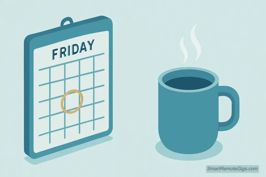 An illustration of a calendar page with a recurring weekly appointment highlighted, next to a steaming mug of coffee, symbolizing a calm and consistent habit.