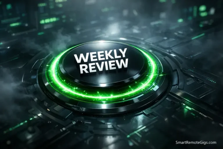 A glowing electric green button representing the system reset of a GTD Weekly Review.
