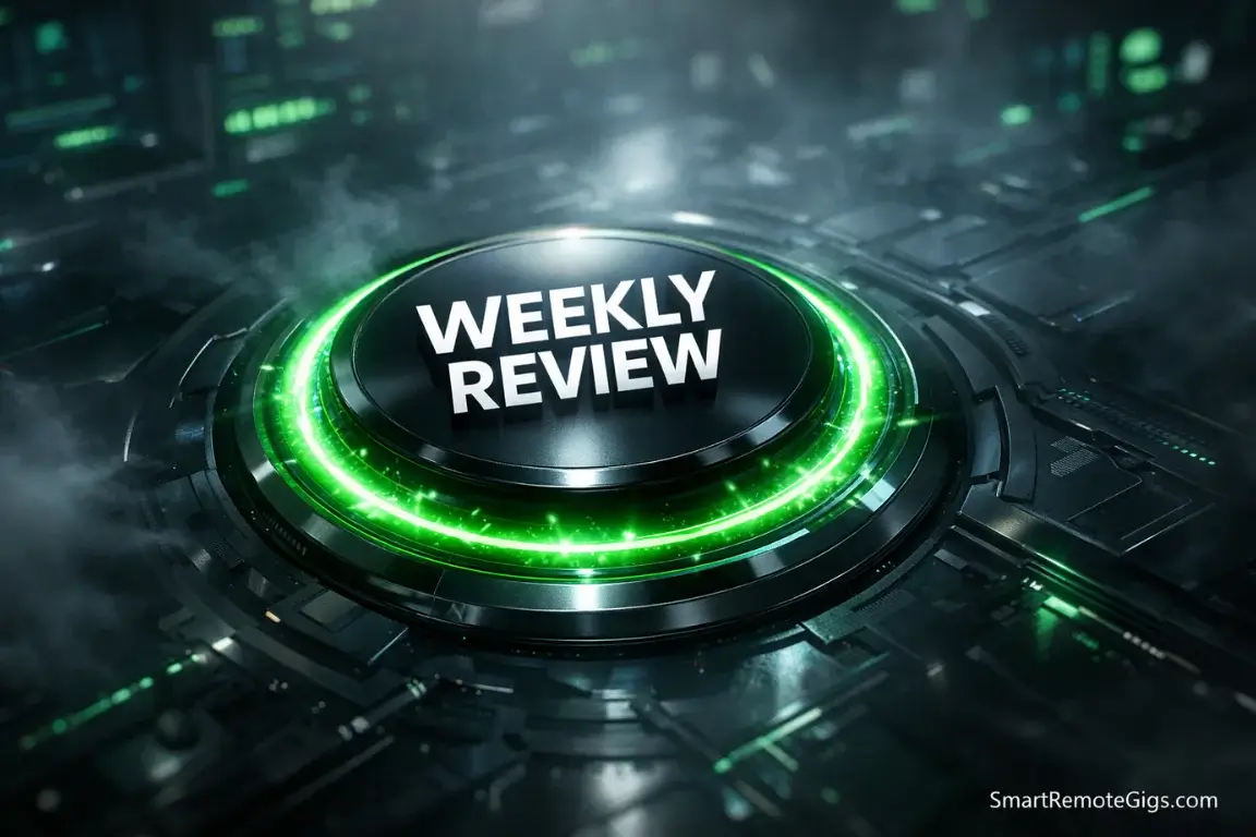 A glowing electric green button representing the system reset of a GTD Weekly Review.