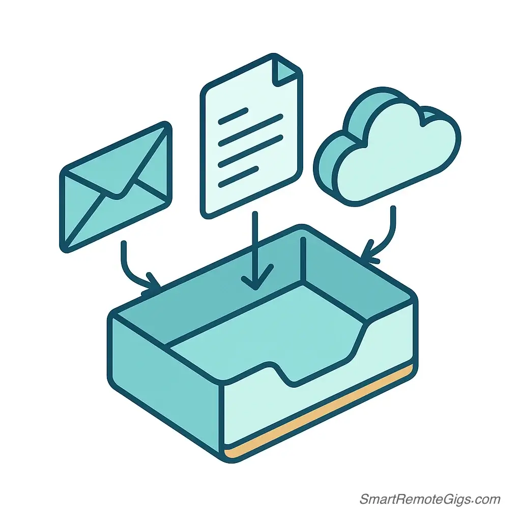 An icon for the 'Get Clear' phase of the GTD Weekly Review, showing various digital and physical items being collected into a single, clean inbox.