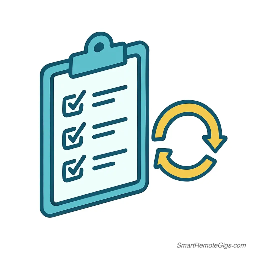 An icon for the 'Get Current' phase of the GTD Weekly Review, showing a checklist with a refresh or sync symbol next to it.