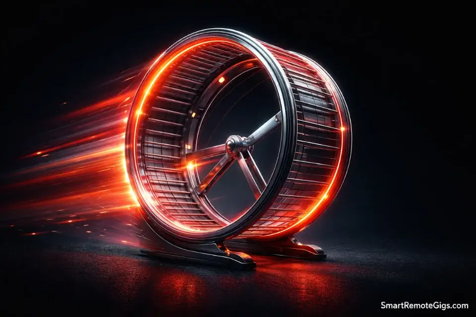 A spinning neon hamster wheel floating in a void, representing productivity without direction.